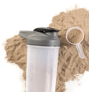 Dark brown chocolate protein powder with scoop and drink container